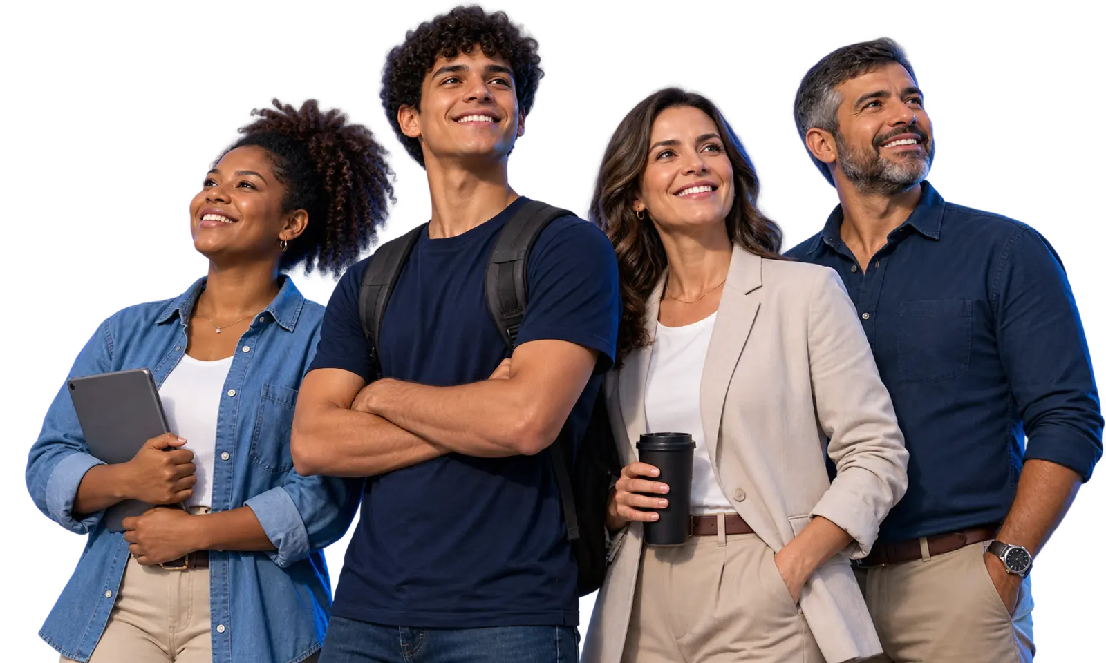 Quatro profissionais representando inclusão produtiva e desenvolvimento profissional